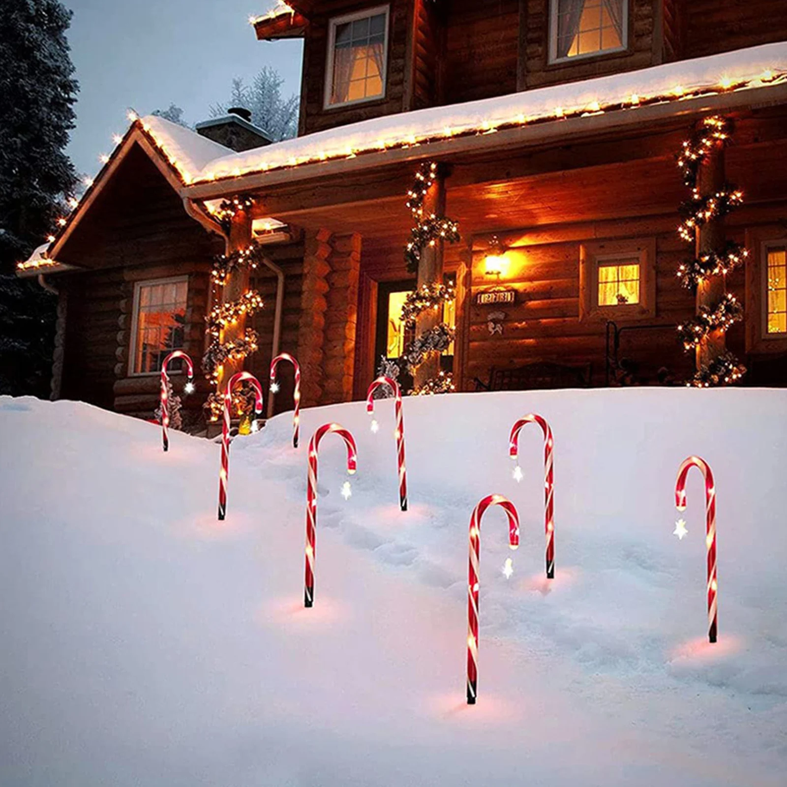 10/12pcs Christmas Crutches Ground Plug Lights Waterproof 8 Modes New Year Light String Christmas Path String Lights with Stakes