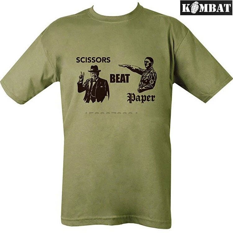 

Mens Army Military Combat Scissors Beat Paper Cotton T-Shirt Green Churchill Ww2