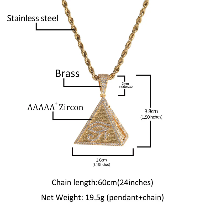 Хип-хоп 3A+ CZ Stone Paved Bling Iced Out The Eye of Horus Pyramid Подвески Ожерелья для мужчин Репер