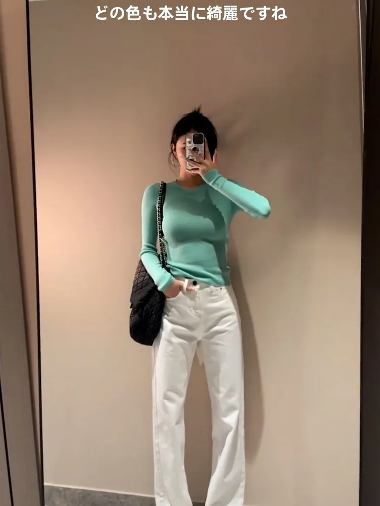 Желто-белый мягкий клейкий вязаный топ с круглым вырезом для женщин ранняя осень