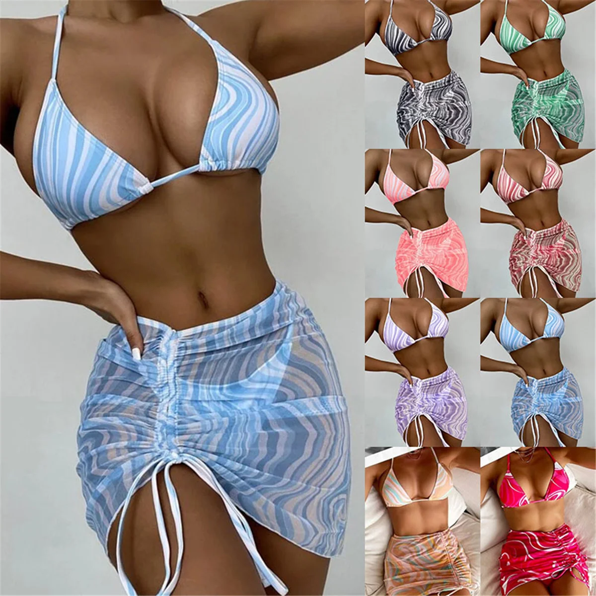 

Occident Bohemian Holiday Style 2022 Sexy Neckstrap Bikini Suit Transparent See Through Gauze Mesh Dress Three-Piece Swimsuit 2