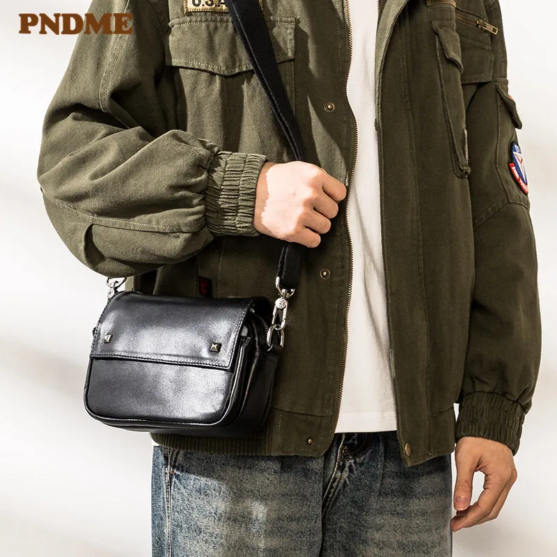 PNDME casual luxury genuine leather men's black shoulder bag handmade designer outdoor high quality real cowhide crossbody bags