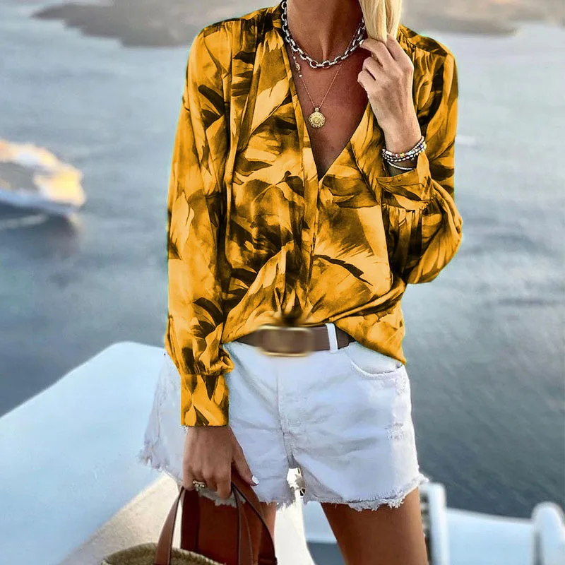 

Autumn Vintage Print Pattern Long Sleeve Shirt Lady Sexy V-Neck Loose Boho Top Pullover 2022 New Elegant Office Harajuku Blouse