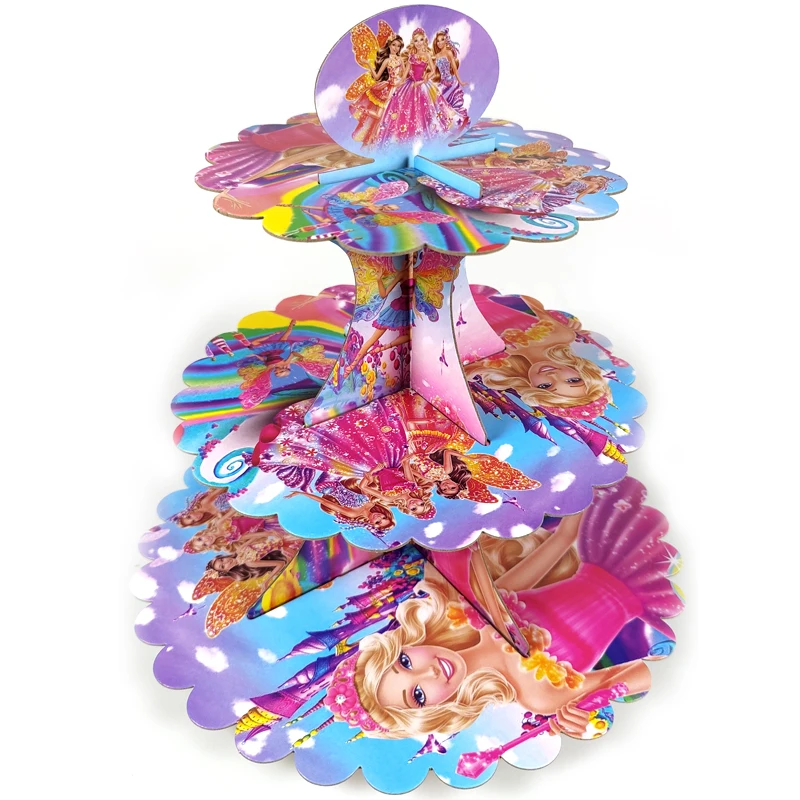 1set/lot Barbi Theme 3 Tier Cupcake Holder Happy Birthday Party Girls Kids Favors DIY Paperboard Cake Stand