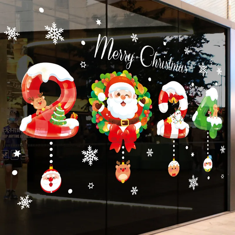 

2024 Merry Christmas Window Sticker Snowflake Santa Claus Elk Xmas Wall Sticker Christmas Decorations New Year Gift Noel Navidad