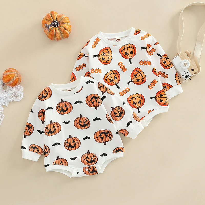 

2022 Halloween Toddler Baby Clothes Sweatshirt Romper/Shirt and Pants Pumpkin Matching Outfits Costume