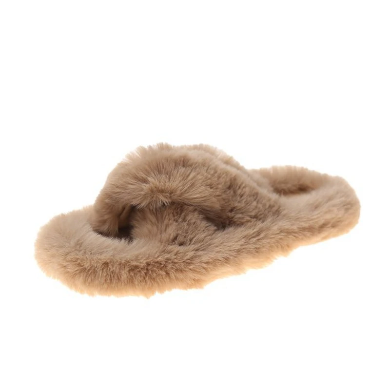 Winter House Women Fur Slippers Fashion Cross Band Warm Plush Ladies Fluffy Shoes Cozy Open Toe Indoor Fuzzy Slides For Girls images - 6