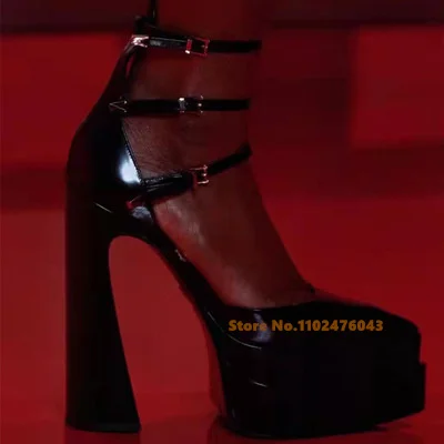 Pointed Toe Roman Sandals Buckle Thick Heel Pointed Toe Hollow Patent Leather Sandals Super High Heel Platform Sexy Party Shoes
