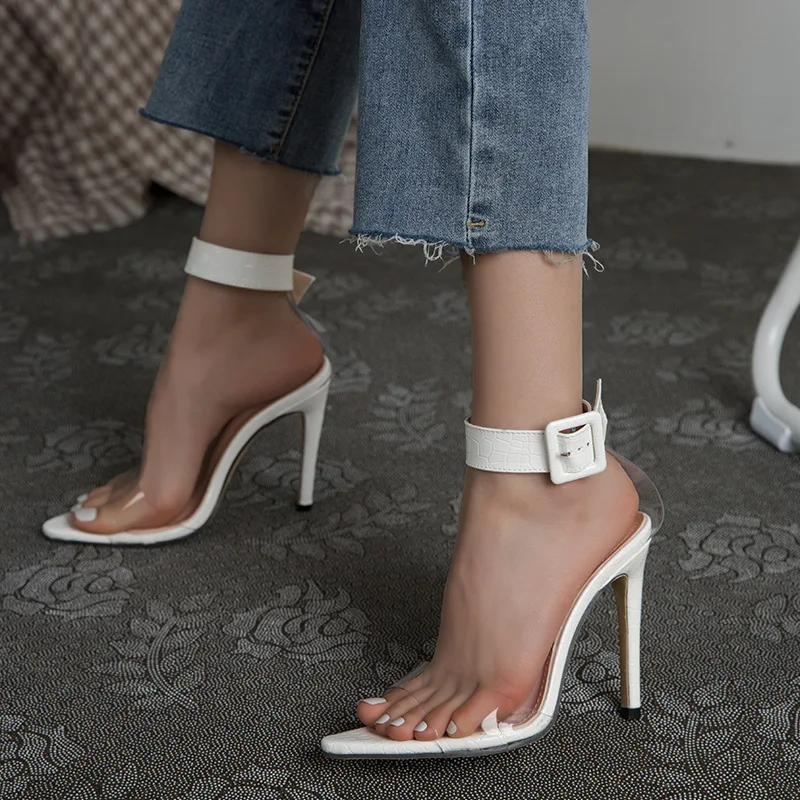 

2022 Summer Women Pointed Sandals PVC Open Toe High Heels Belt Buckle Snake Pattern Women Super high heel stiletto 11 cm