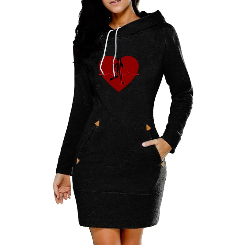 Fashion Womens Autumn Long Sleeve Hooded Dress Heart Printed Hooded Dresses Female Vintage Knee Length Sweatshirt Streetwear