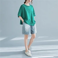 neck short sleeved tops womens 2022 summer new loose and comfortable t shirts cover the flesh and show thin solid color round