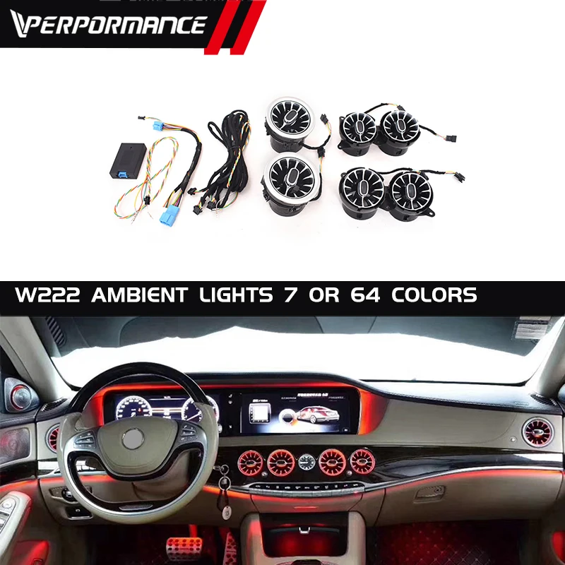 

Вентиляционное отверстие для S Class W222 S400 S450L S600, 7 цветов, передняя светодиодный вентиляционная решетка турбины, синхронизируется с окружасветильник том