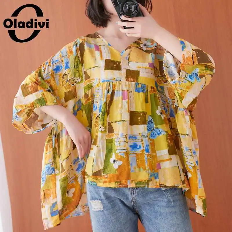 

Oladivi Oversize Oversized Fashion Print Cotton Linen Blouses Summer Women Casual Loose Top Shirts Tunic Blusas 4XL 5XL 6XL 8XL