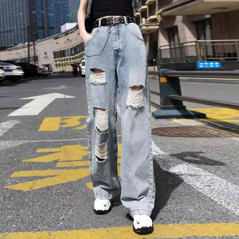 

Loose straight jeans women's ripped holes 2023 new summer autumn high waist thin beggar wide-leg mopping pants