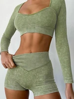 fashion sports 2 pieces set outfits for women solid green square collar long sleeve tracksuit exercise two pcs woman body suits