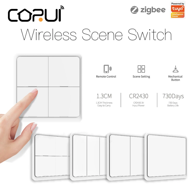 

CoRui 1-3 Gang Wireless Smart Scene Switch Push Button Controller Battery Powered Automation Scenario for Tuya ZigBee Devices