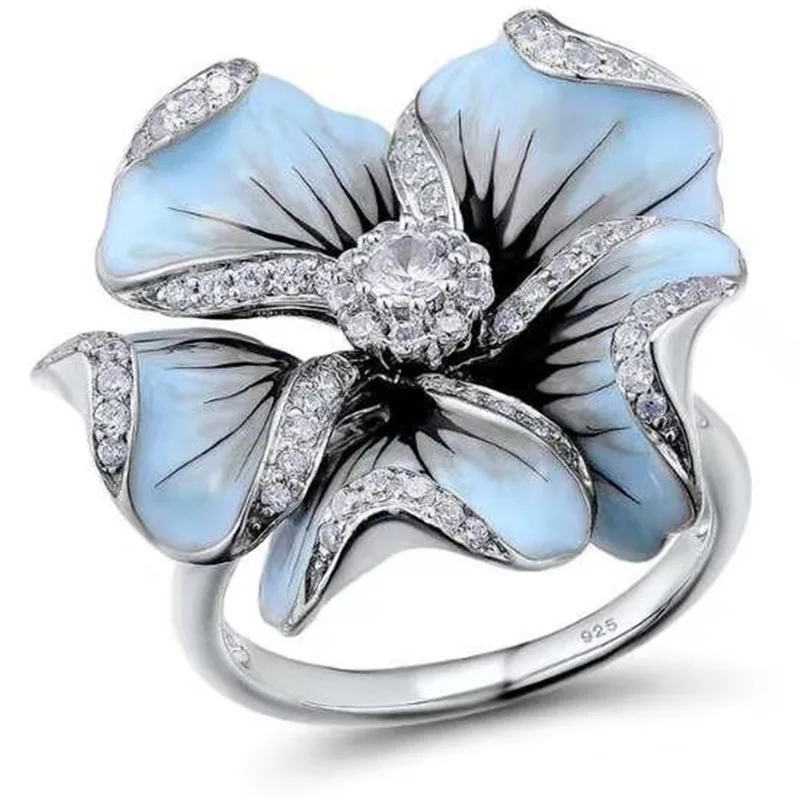 

Milangirl Big Blue Flower Zircon Drip Oil Rings For Women Female Ladies Crystal Engagement Wedding Fashion Jewelry Accessories