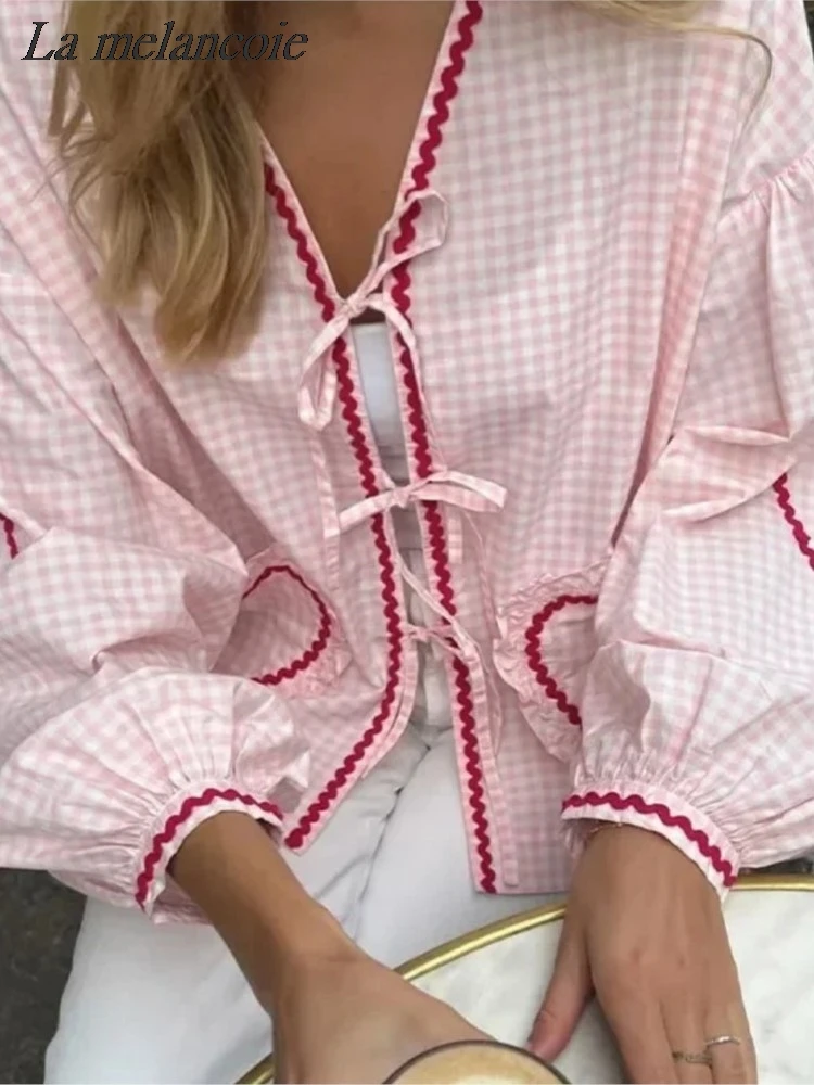 Женская свободная рубашка в клетку Повседневная блузка с завязкой форме сердца