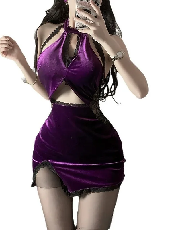 Фиолетовый сексуальный Cheongsam сетчатое ажурное платье с обнажением живота