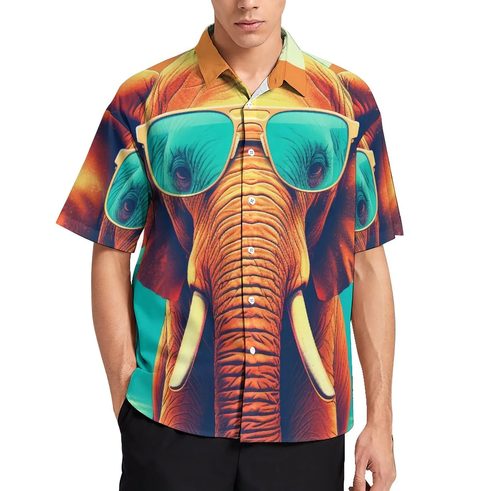 

Elephant Vacation Shirt Graphic Illustration Sunny Beach Sunglasses Hawaiian Casual Shirts Men Y2K Blouses Short Sleeve Clothes