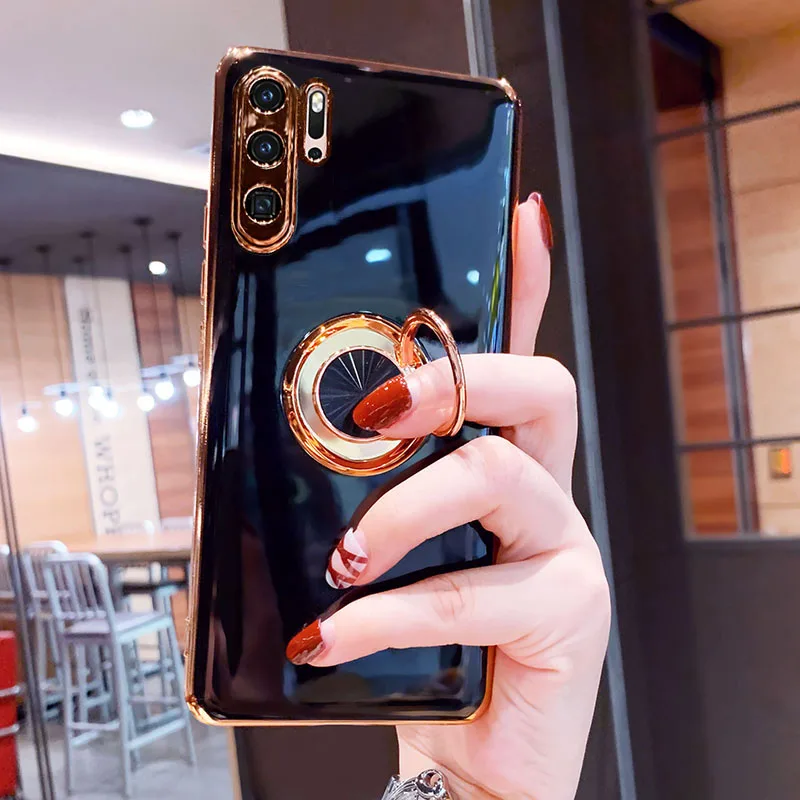 luxury plating silicone case for huawei p30 pro p20 mate 20 p40 honor 20 30 pro nova 5t phone soft magnet cover with ring holder free global shipping