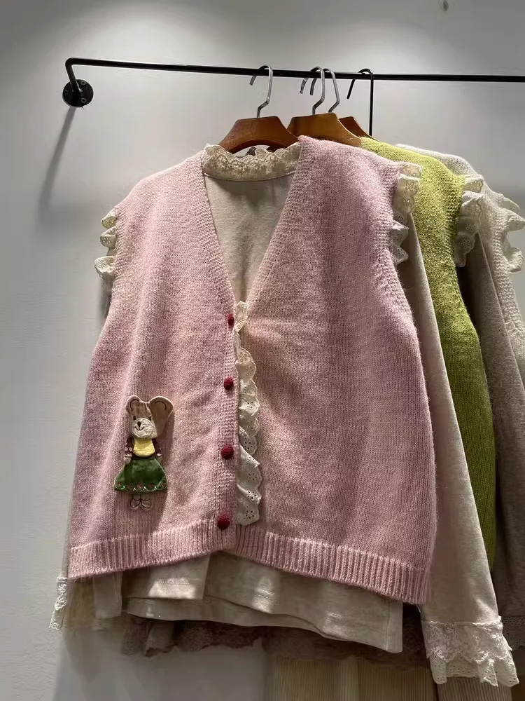 Mori Girl Япония модный кружевной лоскутный вязаный свитер жилет женский осенний