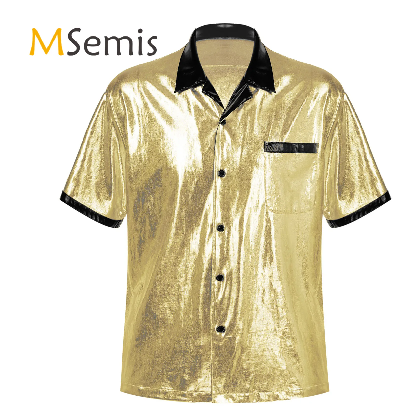 

Mens Metallic Shiny Short Sleeve Disco Shirt Nightclub Cubwear Party Fashion Notched Collar Button Down Shirts