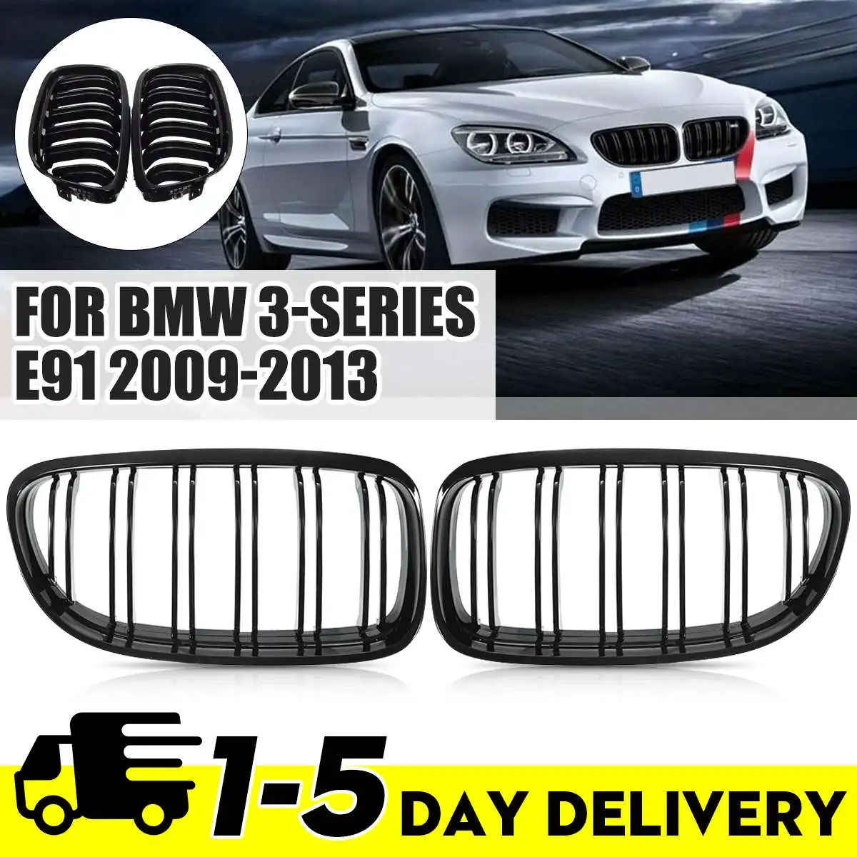 

A Pair Car Grille Grill Front Kidney Glossy 2 Line Double Slat For BMW E90 E91 LCI 3 Series Sedan Wagon 2009 2010 2011 2012 2013