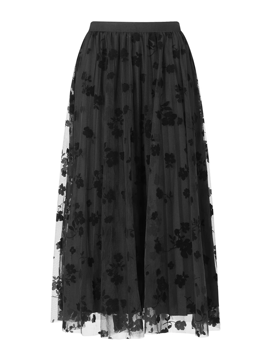 

Womens Reversible Long Half Skirt High Waist Layered Tulle Skirts Floral Print Skirt Mesh A-Line Midi Skirt Khaki Small