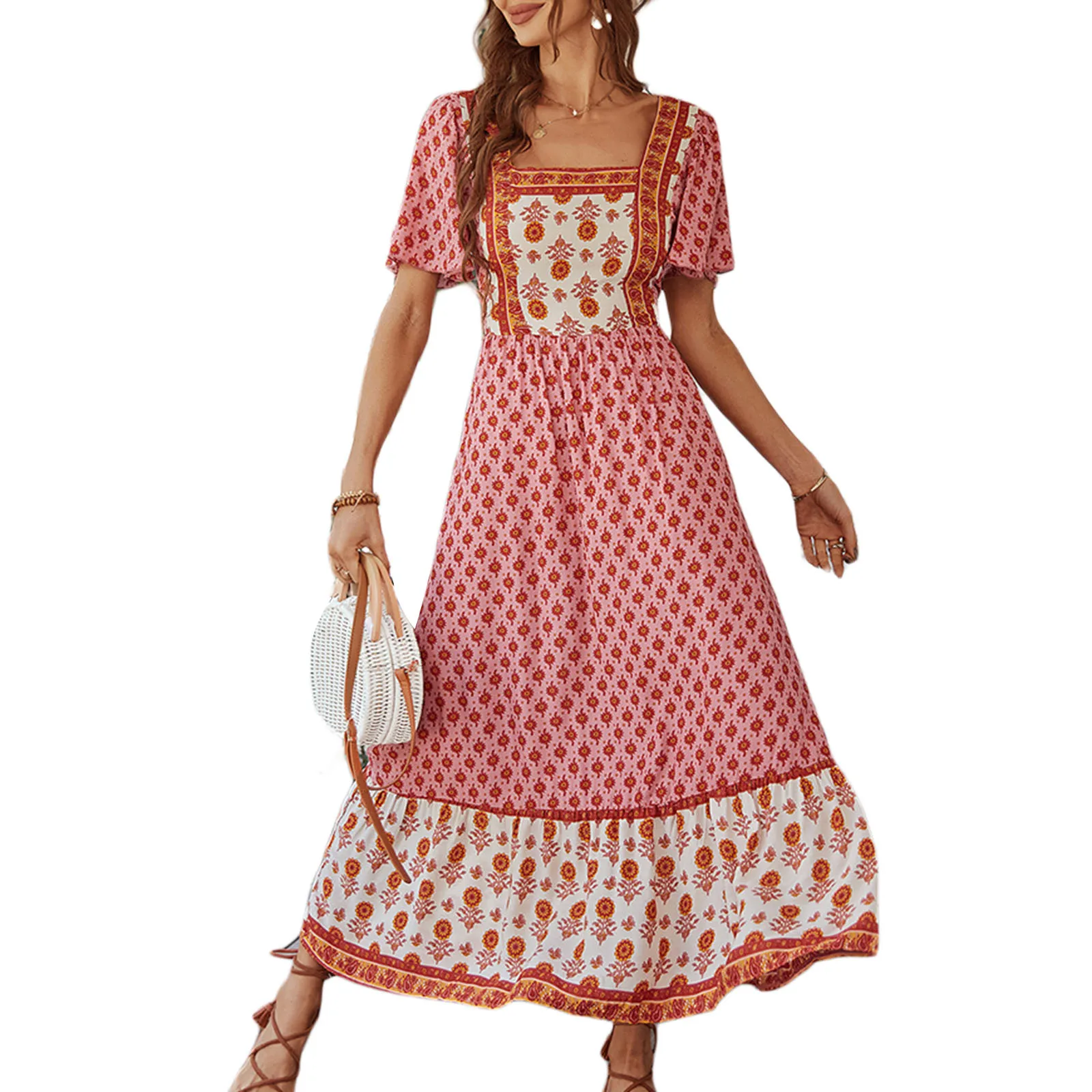

Женское длинное платье с коротким рукавом, простое свободное платье с винтажным принтом и квадратным вырезом, Повседневное платье в стиле р...