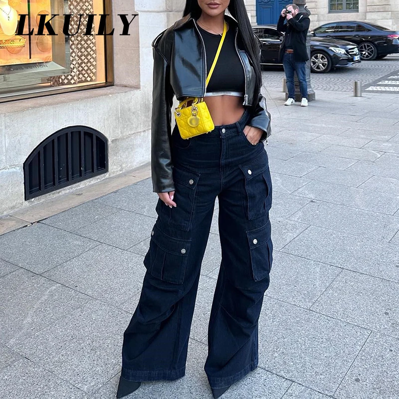 

High Waist Button Cargo Pants Women Vintage Aesthetics 90s Baggy Straight Jeans Fashion Y2K Denim Streetwear Trousers Overalls