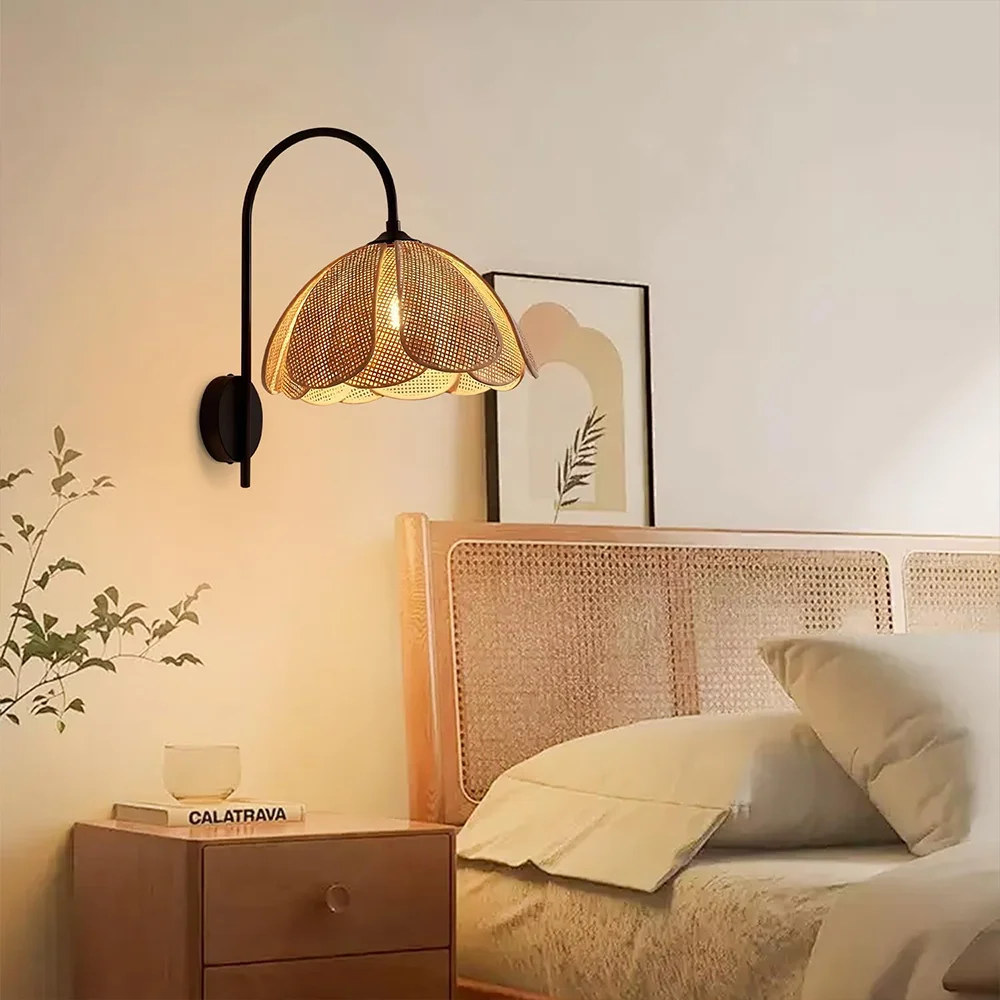 Винтажное черное настенное бра для гостиной из ротанга в стиле бохо жесткая