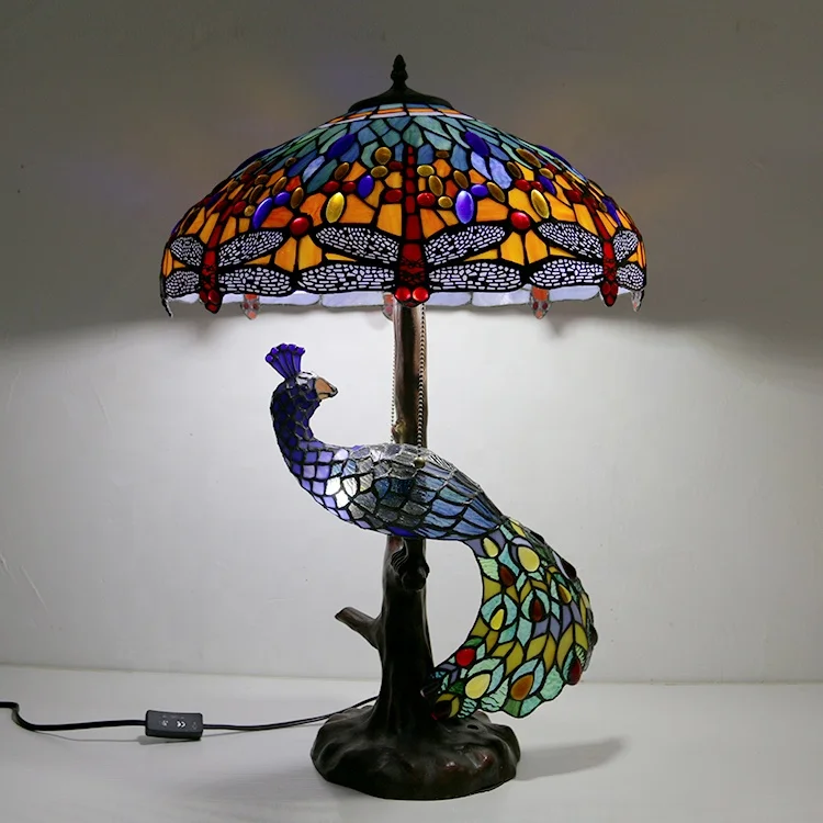 

LongHuiJing Tiffany Table Lamp Red Dragonfly Stained Glass Lampshade Antique Desk Lamps With Peacock Base