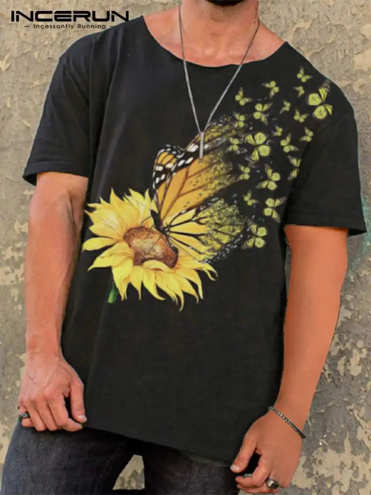 

Футболка мужская с цветочным принтом, круглым вырезом и коротким рукавом