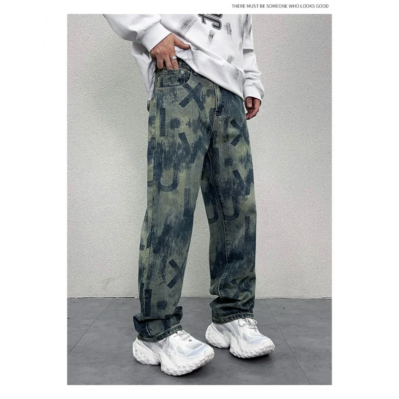 Y2K Retro2024 Джинсы мужские в американском стиле High Street Свободные прямые широкие