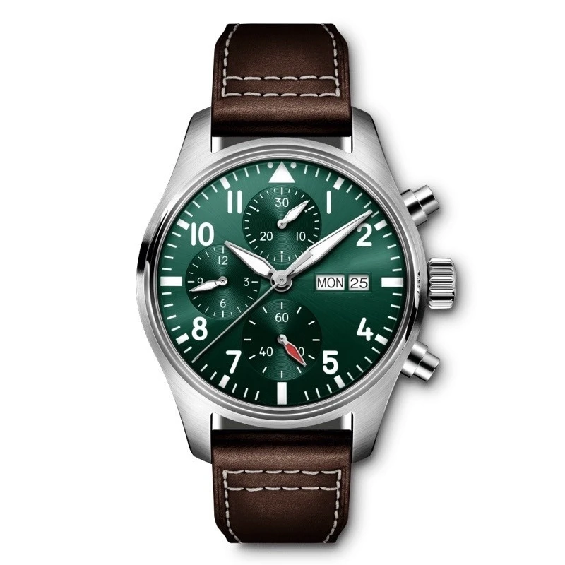 Mens Watch Waterproof Automatic Mechanical Movement Pilots Brown Leather Strap Green Dial Sapphire Crystal Male Wristwatches
