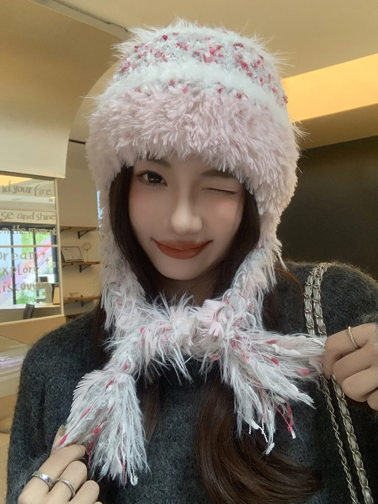 Осенне-зимняя полосатая лоскутная вязаная шерстяная шапка женская толстая