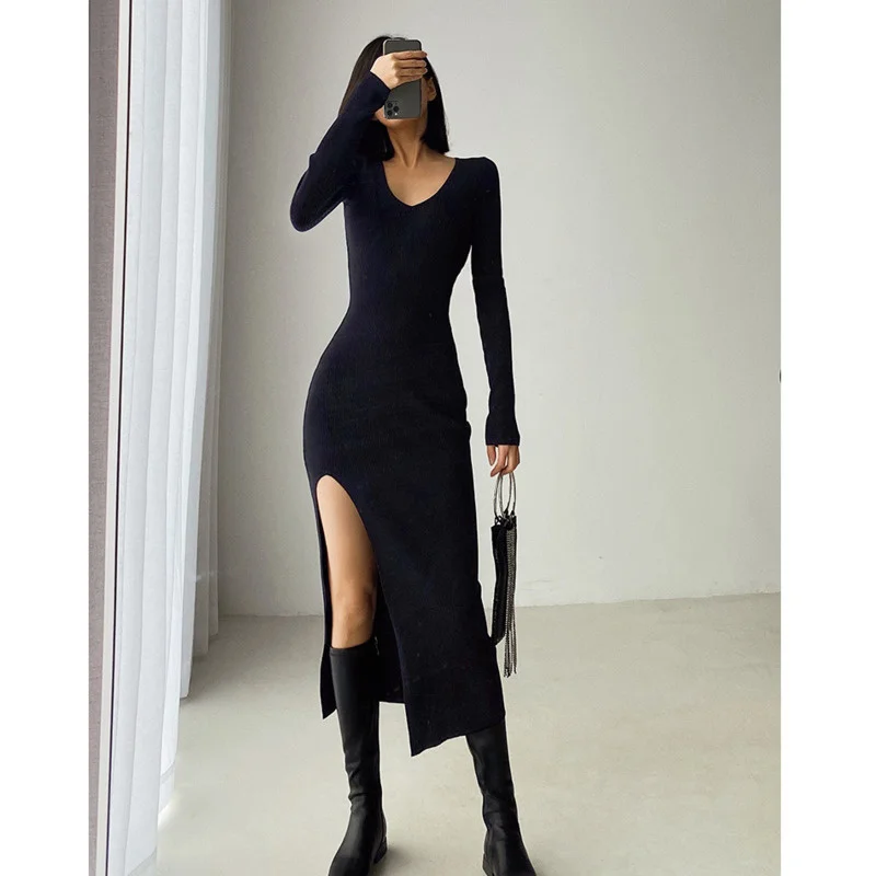 

Dresses For Women 2023 Split High Waist Long Sleeve Dress Slim Wrap Hip Long One-step Skirt Vestidos De Mujer Casual Baratos