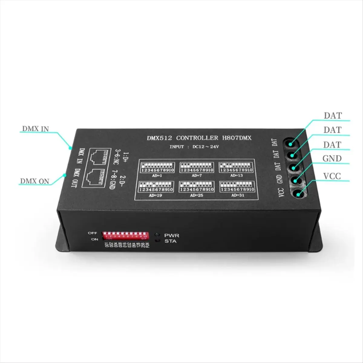 Фото Контроллер светодиодов GTS DMX512 H807 RGB для WS2811 WS2812B WS2813 WS2815, контроллер пиксельных светодиодных лент, сценическое освещение, 1024 пикселя №4
