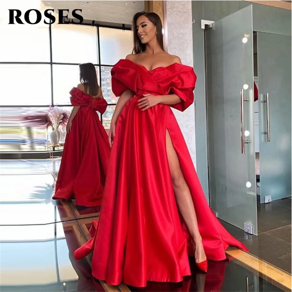 

Long Satin Evening Dress Red For Bride With Sleeves Off The Shoulder Party Sexy Side Slit Prom Gowns robe de soirée Cusom Size