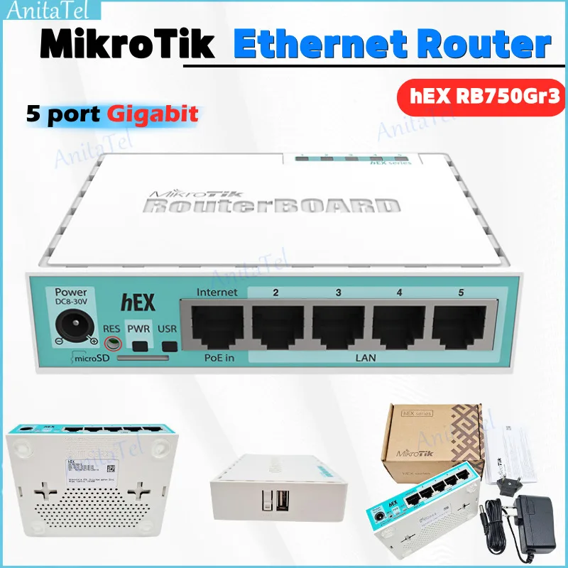 

100% г., маршрутизатор MikroTik Gigabit Ethernet hEX RB750Gr3, маршрутизатор поддерживает 5 10/100/1000 Мбит/с, 5 портов Ethernet, компактный и простой в использовании