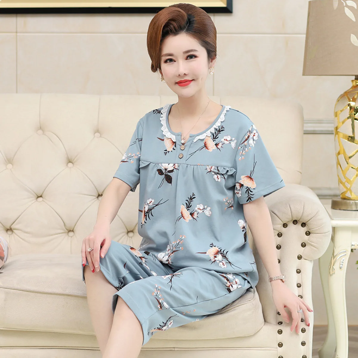 Women's Pajamas Sets Cotton Pyjamas Floral Pijamas Loungewear Short Sleeve and Pants Suit Sleepwear Nightwear Women Homewear