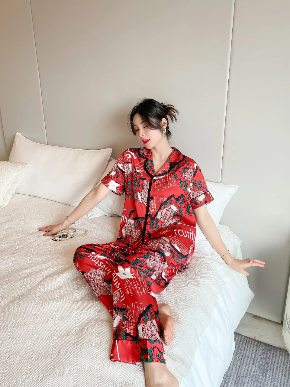 [Women's pajamas] [high-quality]Couple pajamas, women's thin ice silk set, home clothing, two-piece set, internet celebrityStyle