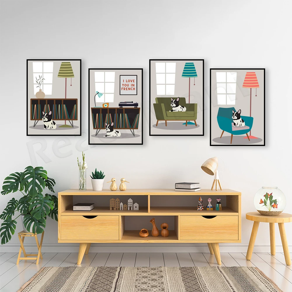 medieval art print, french bulldog poster, chair, sideboard, vinyl record storage, record player, i love you france, dog art