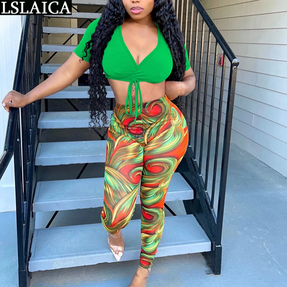 

Womens Two Peice Sets 2022 Summer Pants and Crop Top Sexy Print Streetwear Skinny Fashion Clothing Outfits Female Drawstring New
