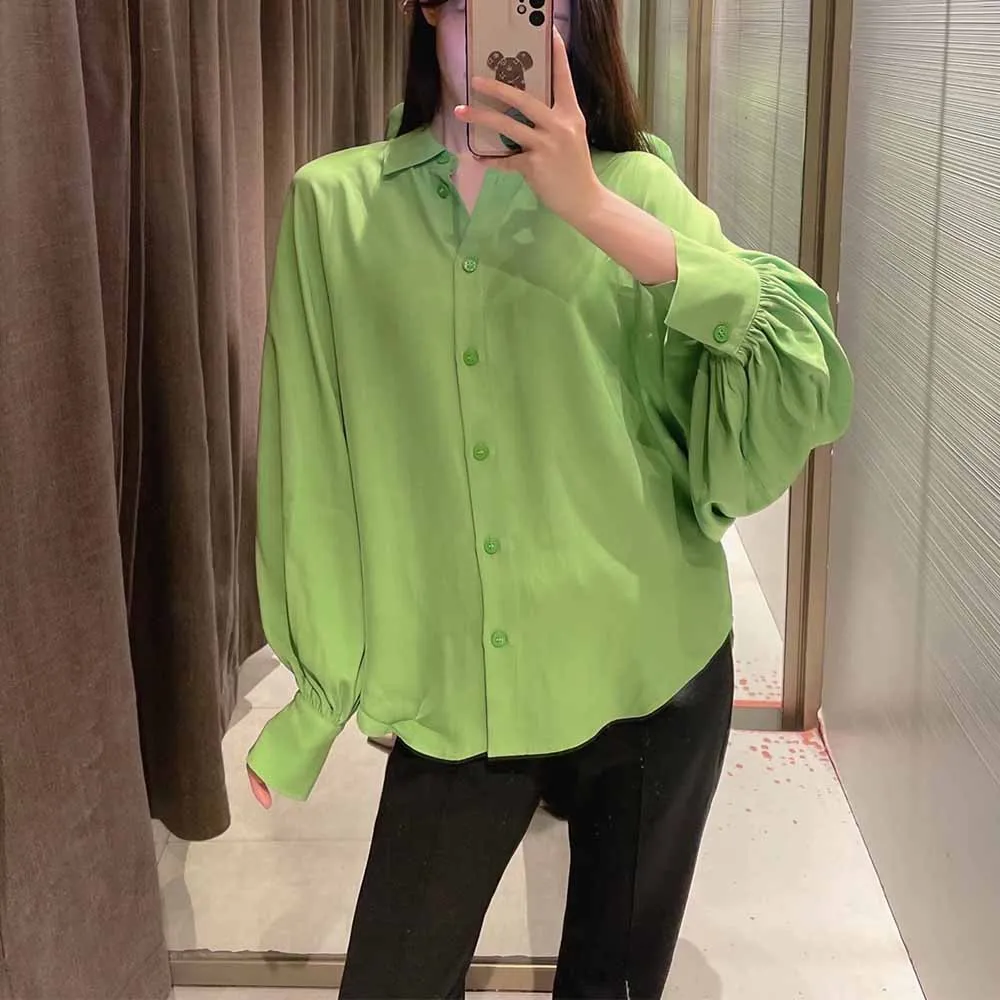 

ZATRHMBM 2022 women's spring and summer new fashion loose sleeves pleated lapel single breasted fashion woman blouses 2022