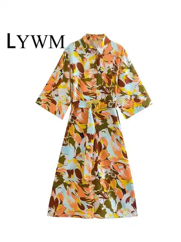 LYWM Women Fashion Printed With Belt Midi Shirt Dress Vintage Lapel Neck Single Breasted Long Sleeves Female Chic Dresses