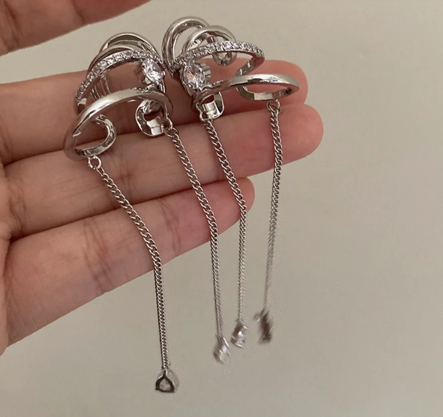 Simple Copper gold plated irregular zircon ear clip chain Tassel Earrings for women Fashion Jewelry