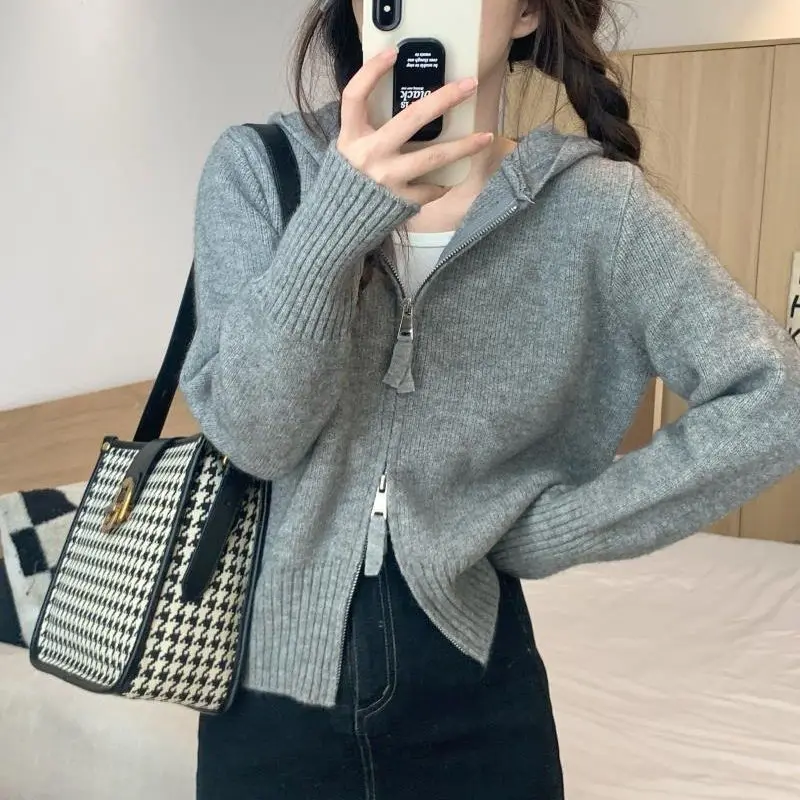 

Hooded Elegant Knitted Short Cardigan Spring Women Coat Thin Sweater Tops Casual Slim Knitewear Chic Women Sweaters Clothing