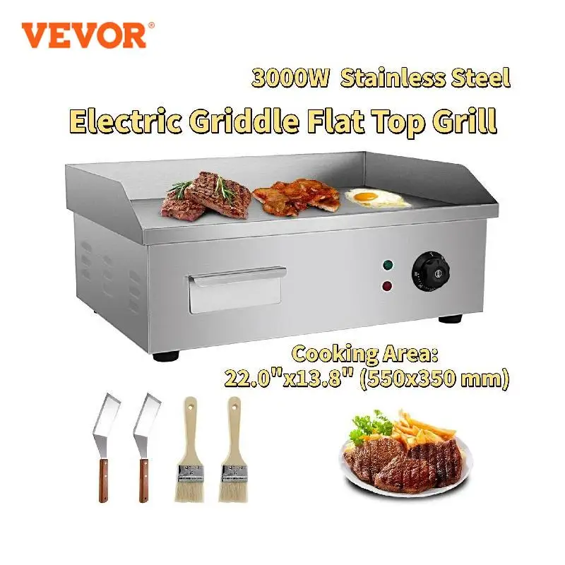 

VEVOR Electric Griddle Flat Top Grill 3000W Stainless Steel for Cooking Chicken, Steak, Grilled Cheese, Pancakes, Scrambled Eggs